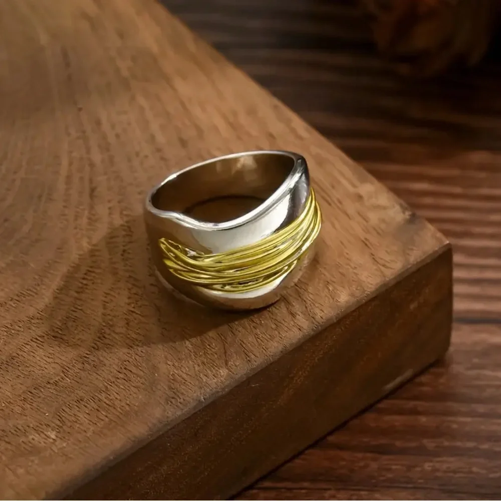 NWT Two Tone Mixed Metal Wire Wrap Wide Band Boho Ring Size 10 Unisex